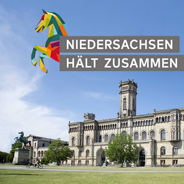 Logo "Niedersachsen hält zusammen" vor Welfenschloss