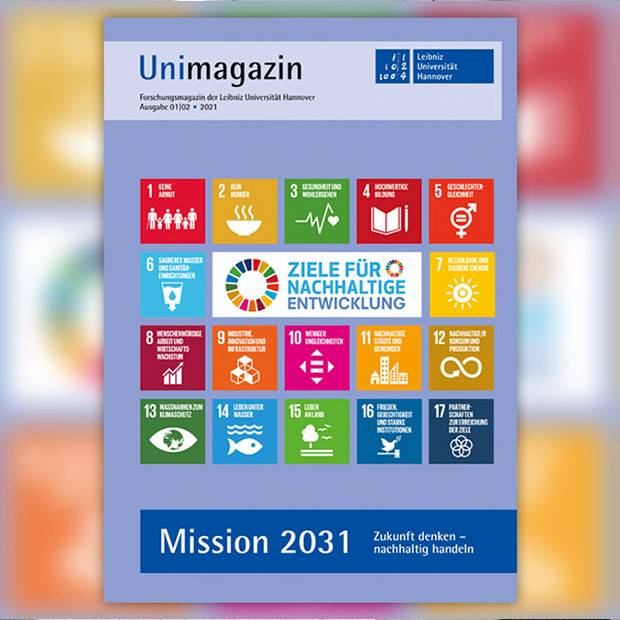 Titelbild des neuen Unimagazins mit Ikons zu Nachhaltigkeitsthemen
