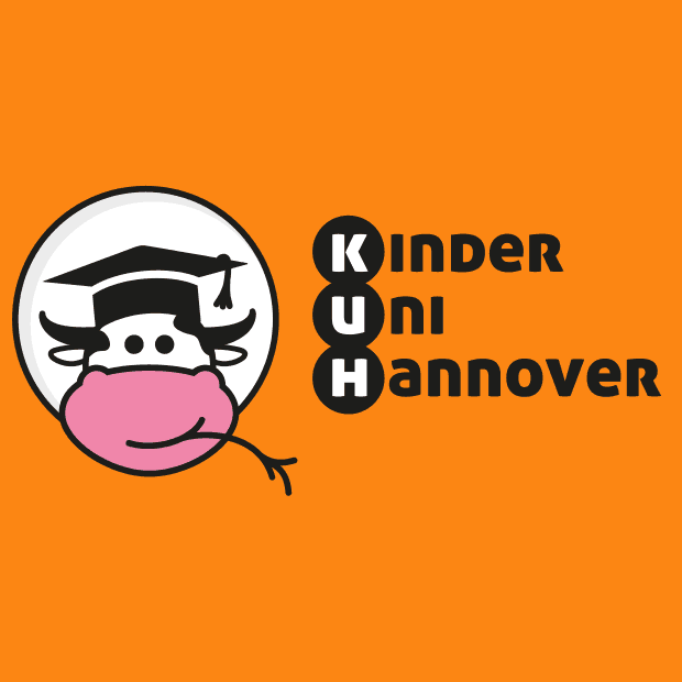Logo Kinderuni: kopf einer Kuh mit Doktorhut
