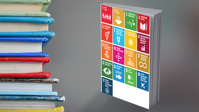 Fotomontage eines Buchcovers mit den 17 Nachhaltigkeitszielen der UN