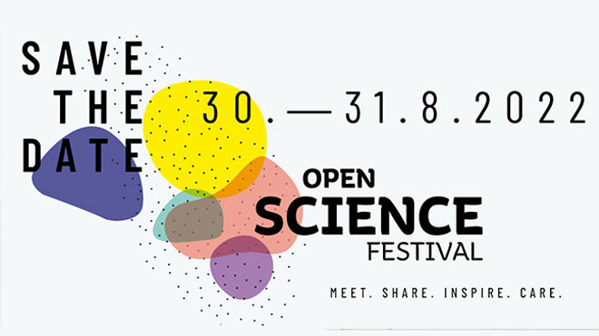 Bunte Farbflecken vor Open Science Festival Schriftzug