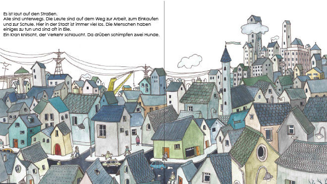 Doppelseite mit illustrierten Häusern