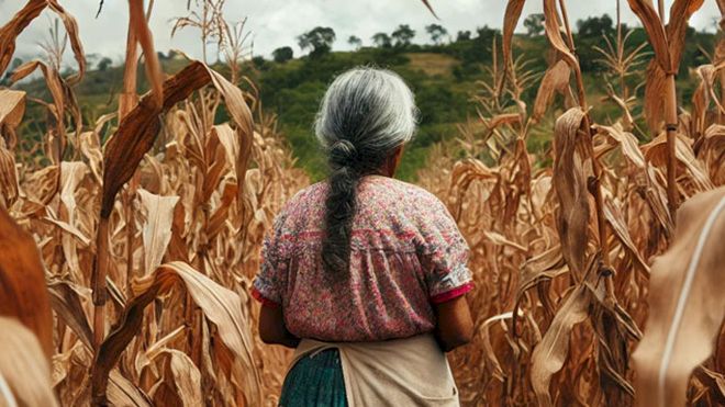 Ein KI-generiertes Bild eines Landwirts, der einer Dürre gegenübersteht.